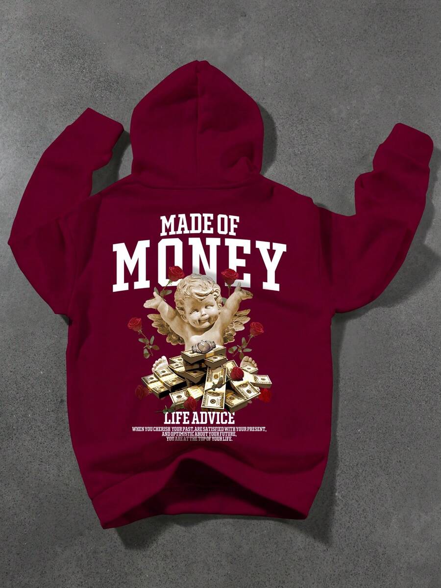 Manfinity Men's Letter Angel Print Drawstring Hooded Sweatshirt, Casual For Autumn/Winter - Red - View 1