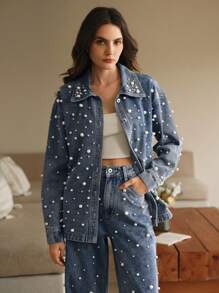 Anewsta 时尚优雅的现代女士珍珠水钻装饰纽扣长款牛仔衬衫，新年 - 藍色 - 查看 4