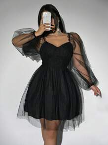 Allurite Plus Size Valentine's Day Mesh & Contrast Lace Square Collar Plicated Mini Dress, With Heart, Rose, Polka Dot, Love, Lip, Cupid, Floral Details