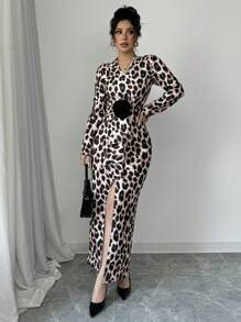 Chiquease V-Neck Long Sleeve Sexy Leopard Print Bodycon Dress, Slim Fit Slit Design, Fashion Maxi Women Outfit Fall Cloth For Women