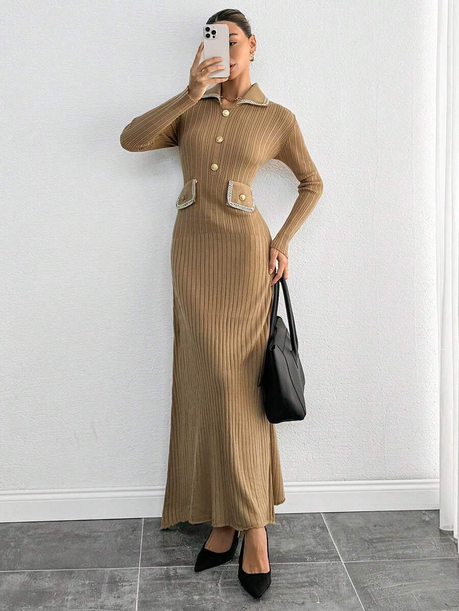 SHEIN Tall Women's Solid Color Splicing Front Button Pocket Long Sleeve Minimalist Long Dress - Mocha Brown - View 1