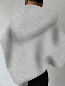 SHEIN EZwear 大码花卉灰色休闲长袖宽松卫衣，带口袋，秋冬季 - 淺灰色 - 查看 2