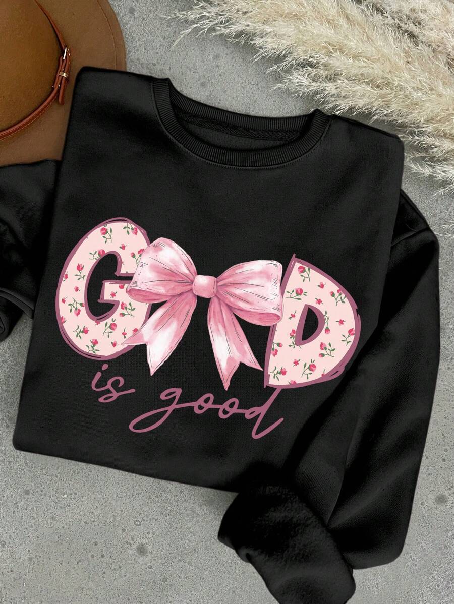 SHEIN EZwear Áo nỉ dày cổ tròn in họa tiết chấm bi và chữ đơn giản, giản dị, thu/đông - màu đen - Xem 1