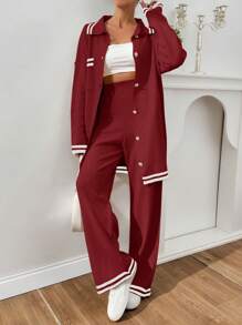 EURMUSE Women Stripe Pattern Pocket Detailed Front Button Cardigan & Sweater Pants Set - Burgundy - View 4