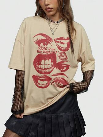 Street Life Women's Street Punk Eye Print Drop Shoulder Sleeve T-Shirt