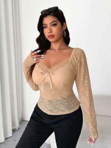 SHEIN Unity 女式复古别致蕾丝长袖上衣，适合春秋季节 - 杏色 - 查看 6