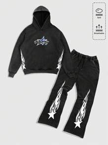 ROMWE MEN Street Life 2pcs Casual Men Washed Letter Print Hooded Sweatshirt And Sweatpants Tracksuit - Black - View 1
