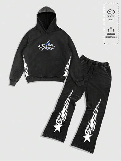 Street Life 2pcs Casual Men Washed Letter Print Hooded Sweatshirt And Sweatpants Tracksuit