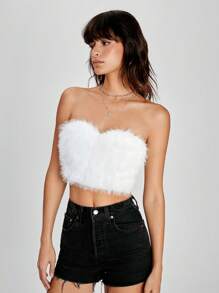 SHEIN EZwear 素色毛茸茸抹胸上衣 - 白色 - 查看 5