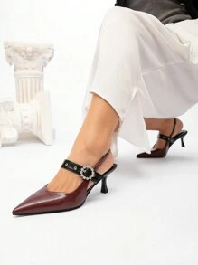 CUCCOO CHICEST Women's Pointed Toe Studded Ankle Strap Mid Heel Block Color Pumps, Elegant Office Wear & Romantic Outfit, Chocolate Brown & Black - Brown - View 5