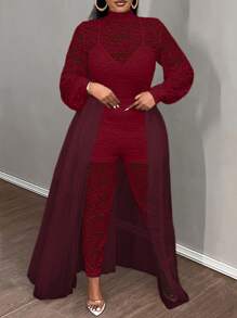 Slaydiva 大码女式浪漫优雅女士蕾丝修身连体裤、网眼裙和裙裤，大码 2 件/套 - 酒紅色 - 查看 6