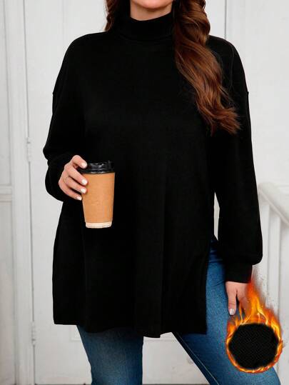 SHEIN LUNE Große Größen Rollkragen Oversized Pullover mit Schlitz-Saum, Winterkleidung, Ausgeh-Outfit, Neujahrsdamen-Outfit, Feiertagsoutfit
