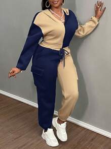 Slaydiva Women's Autumn Contrast Color Zipper Front Hooded Sweatshirt And Pants Casual 2 Pieces Set