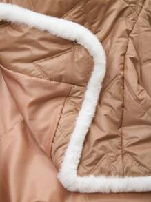 SHEIN Clasi Curvy Plus Size Women's White Fluffy Paneled Single Breasted Quilted Casual Jacket,Winter Fleece-Lined Coat For Hiking Outings,Abrigos - Apricot - View 10