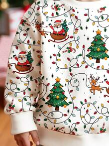 SHEIN 欢快明亮的印花圣诞运动衫，休闲宽松舒适柔软针织圆领套头连帽衫，适合女婴