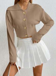 Flirla Solid Color Cardigan, Minimalist Fashion Casual Everyday Wear - Khaki - View 1