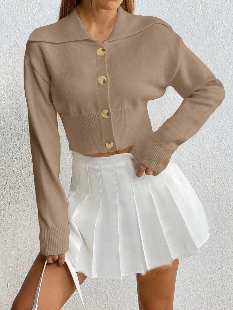 Flirla Solid Color Cardigan, Minimalist Fashion Casual Everyday Wear - Khaki - View 1