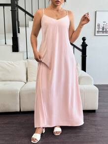Elenzga Women's Elegant Solid Color Sleeveless A-Line Dress Maxi Women Outfit - Pink - View 4