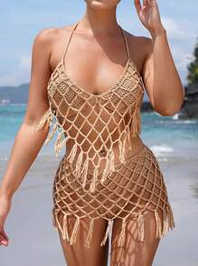 Swim Vcay 女士夏季服装女士手工针织鱼网流苏露背上衣和裙子性感套装夏季 - 卡其色 - 查看 6