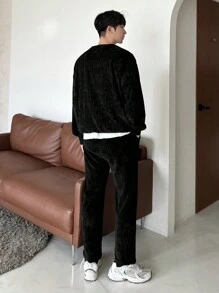 DAZY 2 件男士纯色圆领运动衫和运动裤套装，秋季服装 - 黑色 - 查看 2