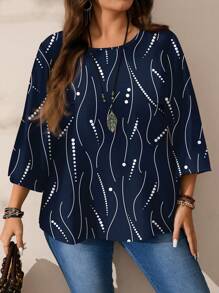 EMERY ROSE 女式大码休闲波尔卡圆点条纹全印花圆领宽松 3/4 袖衬衫，秋冬