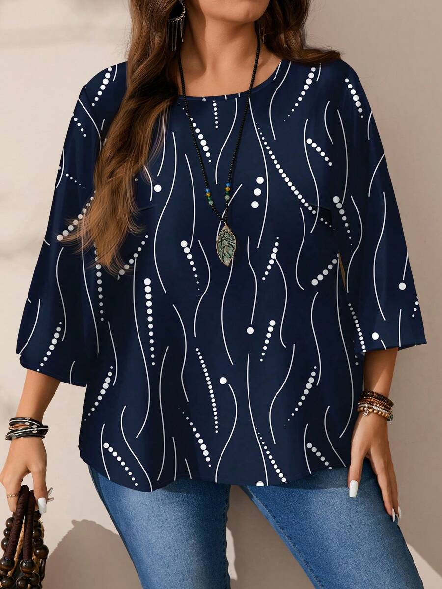 EMERY ROSE 女式大码休闲波尔卡圆点条纹全印花圆领宽松 3/4 袖衬衫，秋冬