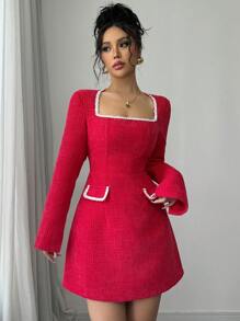 Chiquease 女士纯色拼布刺绣装饰休闲方领优雅连衣裙新年衣服