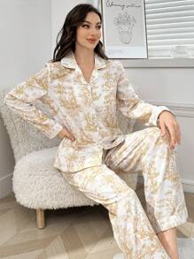 LuxeNights Bộ đồ ngủ tay dài cổ áo in họa tiết bong bóng, quần áo thu đông - Màu vàng - Xem 4