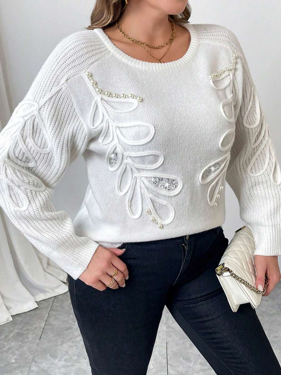 SHEIN Unity 大码女式秋冬刺绣串珠装饰宽松圆领针织套头衫 - 白色 - 查看 1