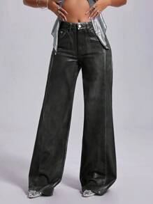 SHEIN ICON Blue & Black Paint High Waist Women's Straight Leg Jeans - Dark Wash - View 5