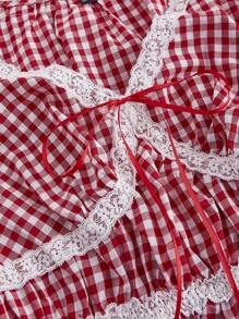 SHEIN MOD Plus Size Sweet Retro Red Plaid Lace Tied Bow-Knot Decor Tank Top, Valentine's Day Valentine's Gifts - Red and White - View 3
