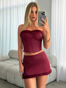 Aloruh Maroon Women's Sleeveless Tube Top With PU And Fuzzy Trim , Christmas Thanksgiving New Years Holiday Party Y2k - Burgundy - View 1