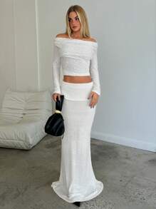 Aloruh Ladies Skirt & Knit Sweater Set, Solid Color For Fall/Winter  Casual Merry Christmas Long Sleeve  Holiday Women Outfits Thanksgiving Outfit Usa New Year Eve Dress Turtleneck Thermal Pullovers Loose Date School Skiing Travel Holiday Festival Going Out New Years Reception Graduation Daily & Casual Business Casual Chic Cozy Sweater Skirts White Maxi Skirt Elegant Fantasy - White - View 5