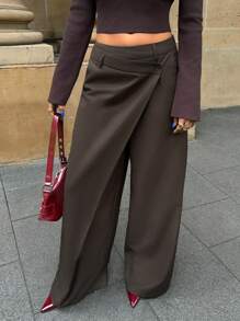 Forever 21 Vrouwen Asymmetrische Casual Wijde Pijp Broeken Damesmode Kantoor Pendelen Veelzijdige Hoge Taille High-End Asymmetrische Wijde Pijp Pak Broeken