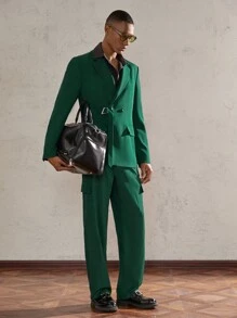 AKNOTIC Party 2pcs Loose Fit Wide Strap Long Sleeve Casual Suit Set, Suitable For Autumn/Winter - Dark Green - View 2