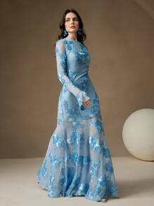 Anewsta 优雅蓝色花卉刺绣露背美人鱼紧身连衣裙女式长款女装 - 藍色 - 查看 3