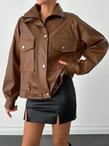 EURMUSE PU Leather Stylish Hidden-Fly Detailed Women's Jacket - Brown - View 4