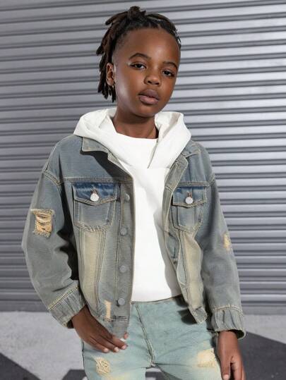 SHEIN Tween Boy Fashion Casual Vintage Blue Cut Out Ripped Frayed Design Denim Lapel Long-Sleeved Jacket, Thanksgiving Costume Dailywear And Fall/Winter