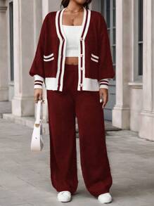 Calvaya Plus Size Women's Stripe Single-Breasted Cardigan And Sweater With Trousers Casual Outfit, Autumn/Winter - Burgundy - View 6