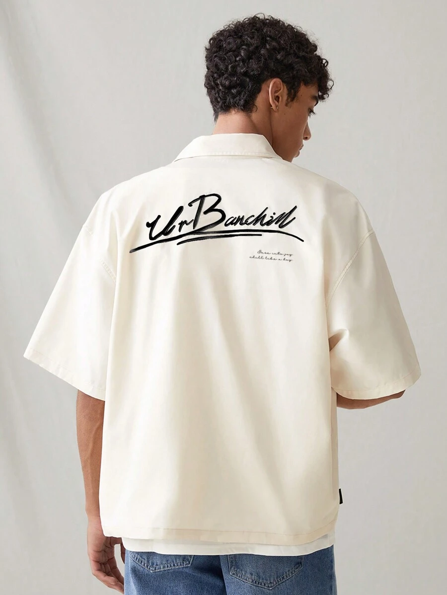 SWAVVY Men Letter Graphic Drop Shoulder Shirt - Apricot - View 1