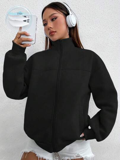 Sudadera holgada de manga larga con cuello alto, cierre de cremallera y unicolor, para mujer, otoño/invierno