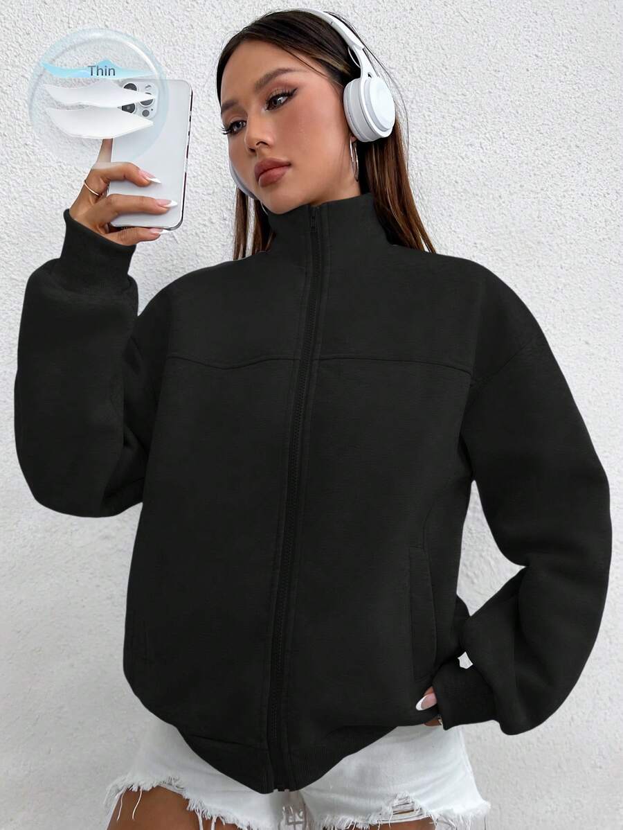 Flirla Áo nỉ dài tay cổ đứng, rộng rãi, thời trang thu đông, xuân/thu, túi thường ngày cho nữ, áo hoodie dài tay cổ đứng, màu đen thông thường, có khóa kéo, vai trễ, có khóa kéo, áo dài tay - màu đen - Xem 1