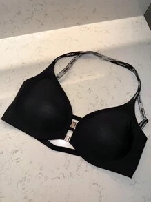 DAZY 休闲前开式无钢圈字母图案细肩带性感露背文胸女士内衣 - 黑色 - 查看 4