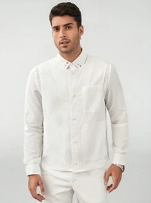 Manfinity VCAY 男士纯色纽扣前口袋贴布背心（不含衬衫） - 白色 - 查看 4