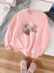SHEIN Girls' Minimalist Cute Floral & Letter Print Round Neck Ribbed Long Sleeve Sweatshirt