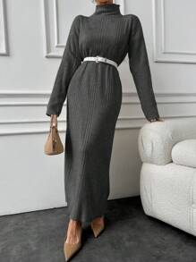 EURMUSE Cotton Solid Color Turtleneck Ribbed Knit Sweater Dress - Dark Grey - View 3