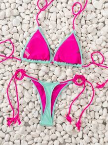 SHEIN Swim Ensemble de bikini pour femmes d'été vintage avec sangle tressée blocs de couleurs