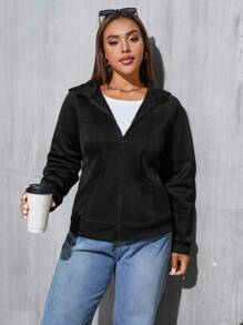 SHEIN Essnce Plus Size Casual Solid Color Zip Up Sweatshirt, For Autumn/Winter - Black - View 4