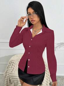 SHEIN PETITE 女式长袖条纹领口衬衫（腰部收紧）