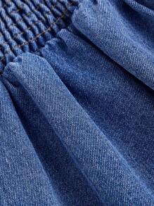 SHEIN MOD 大码蓝色牛仔中长裙珍珠纽扣优雅情人节约会 - 中等水洗藍 - 查看 3